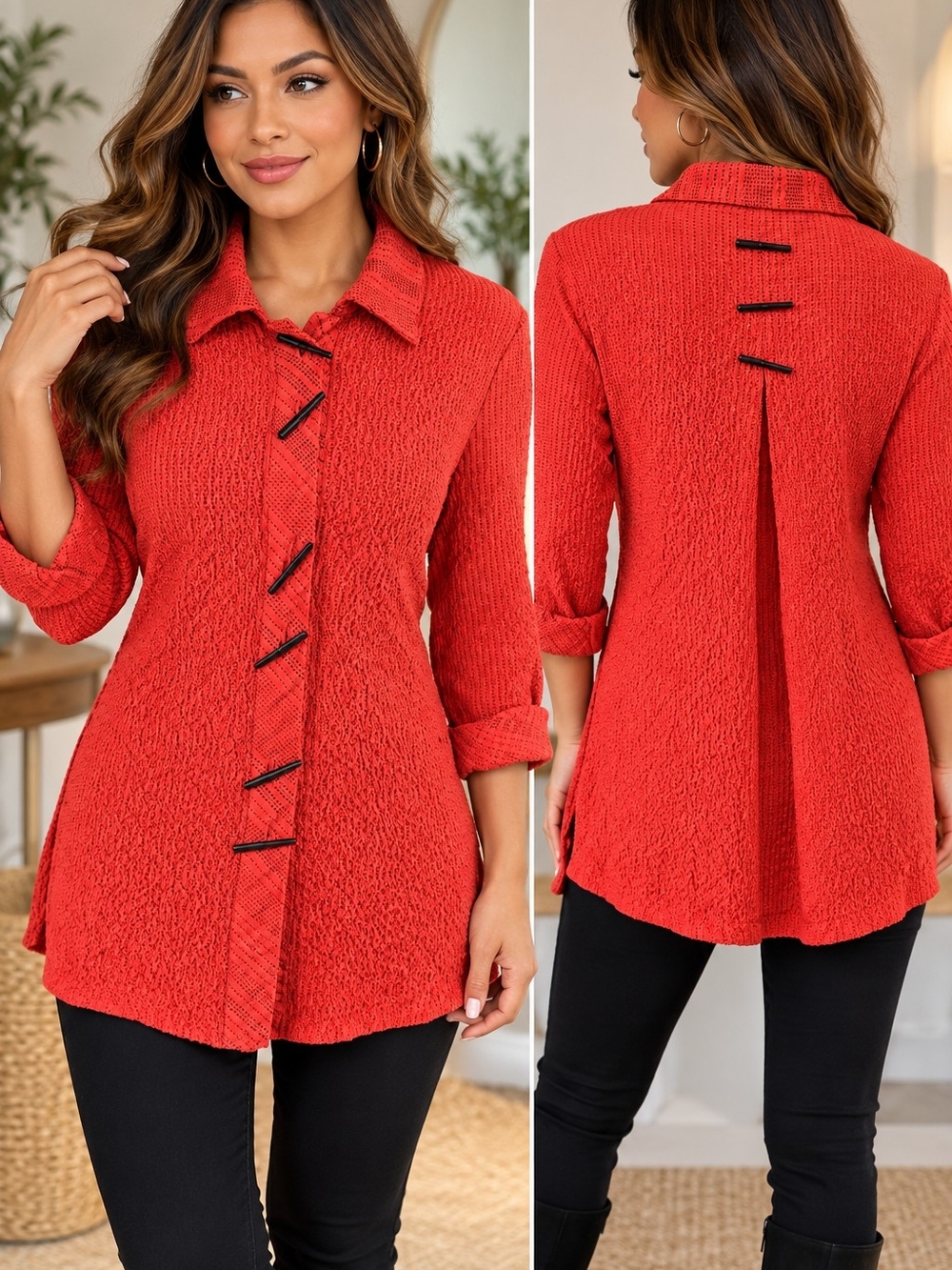 Ali Miles Red Textured Tunic with Black Toggle Accents